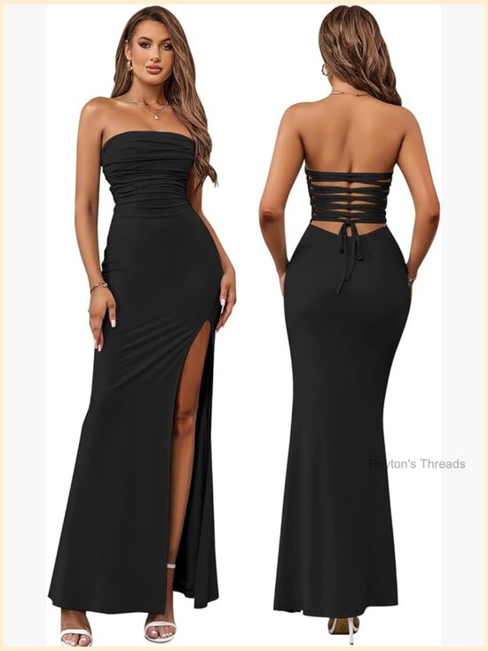 Dresses & Skirts - Strapless Tube Top Bodycon Maxi Dress with Side Slit Tie Back